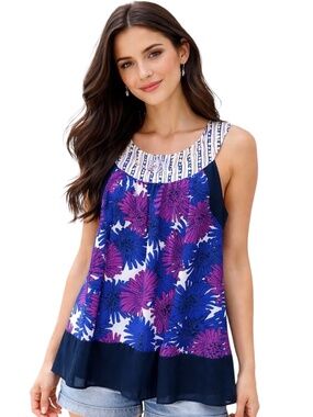 Apostrophe Floral Sheer Hem Tunic Top Fuchsia Navy Black 18W Sleeveless